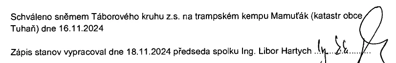 Výřez stanov: schváleno sněmem Táborového kruhu na trampském kempu Mamuťák dne 16. listopadu 2024.